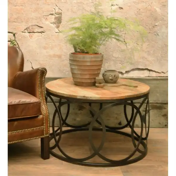 Solid Mango Wood Round Coffee Table Metal Circles Frame