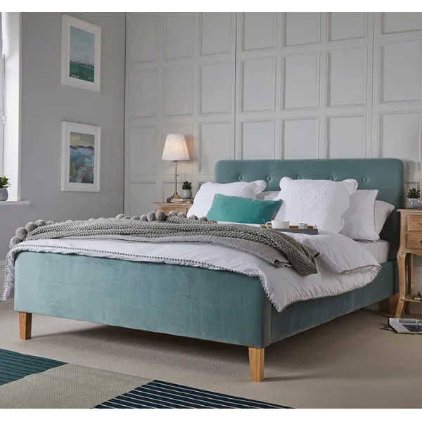 4ft6in 135cm Double Bed Frame Aqua Velvet Fabric Upholstery Light Oak Legs Buttoned