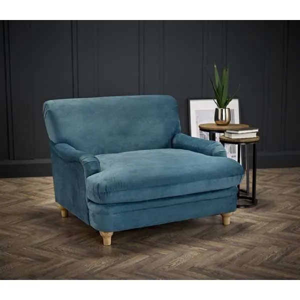 Comfy Peacock Blue Velvet Fabric Upholstered Chair Wide Cushioned Seat