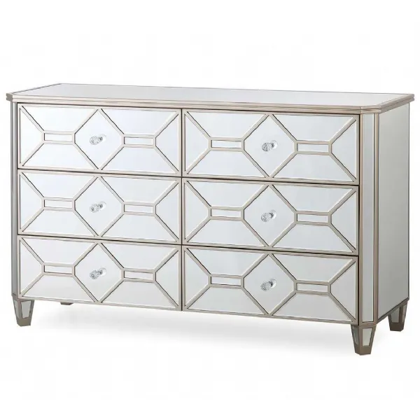 Large Silver Geometric Mirrored Glass Chest of 6 Drawers
