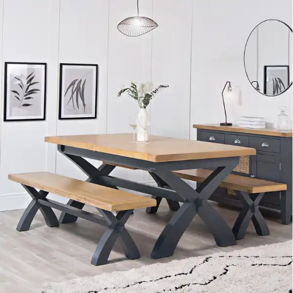 Grey Painted Washed Oak Top Extending Dining Table