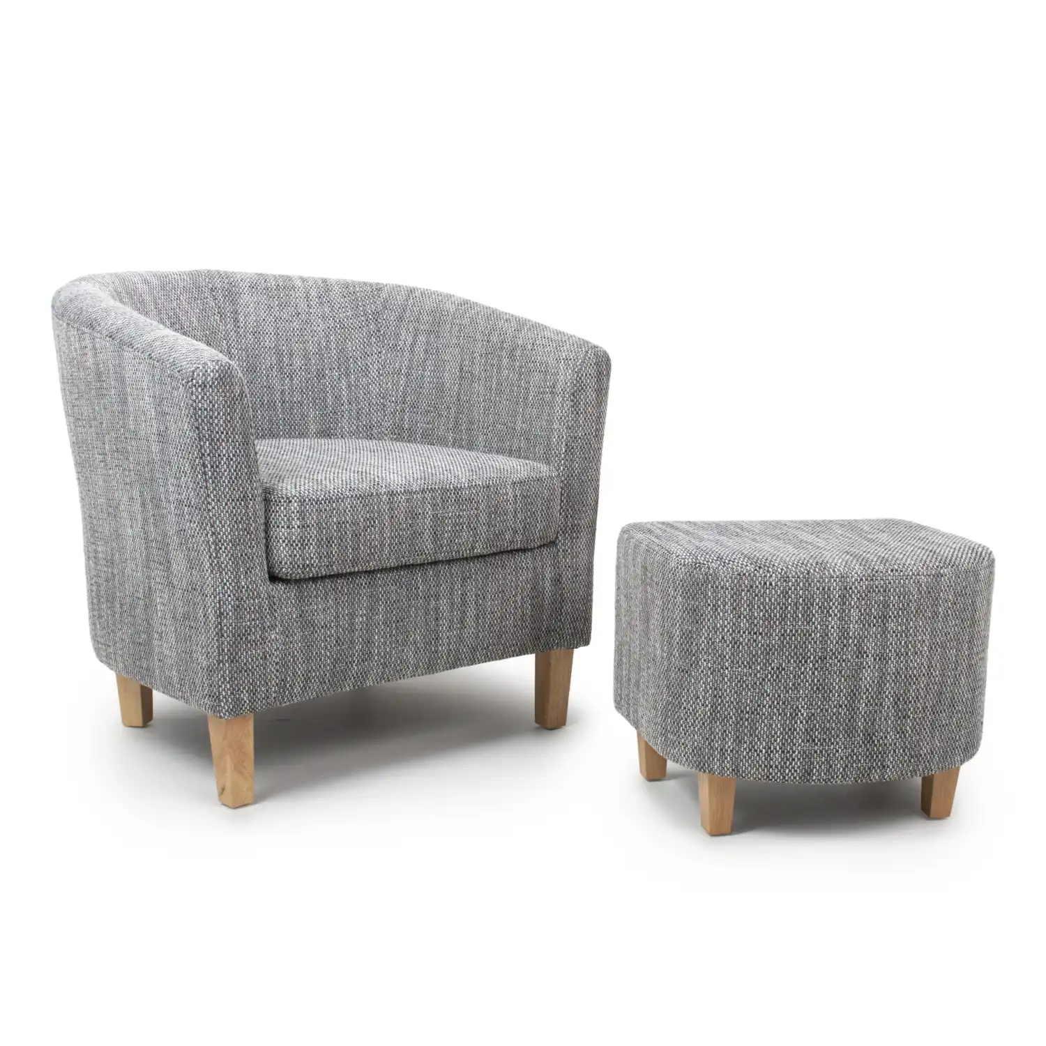 Grey Tweed Fabric Tub Chair Stool Set