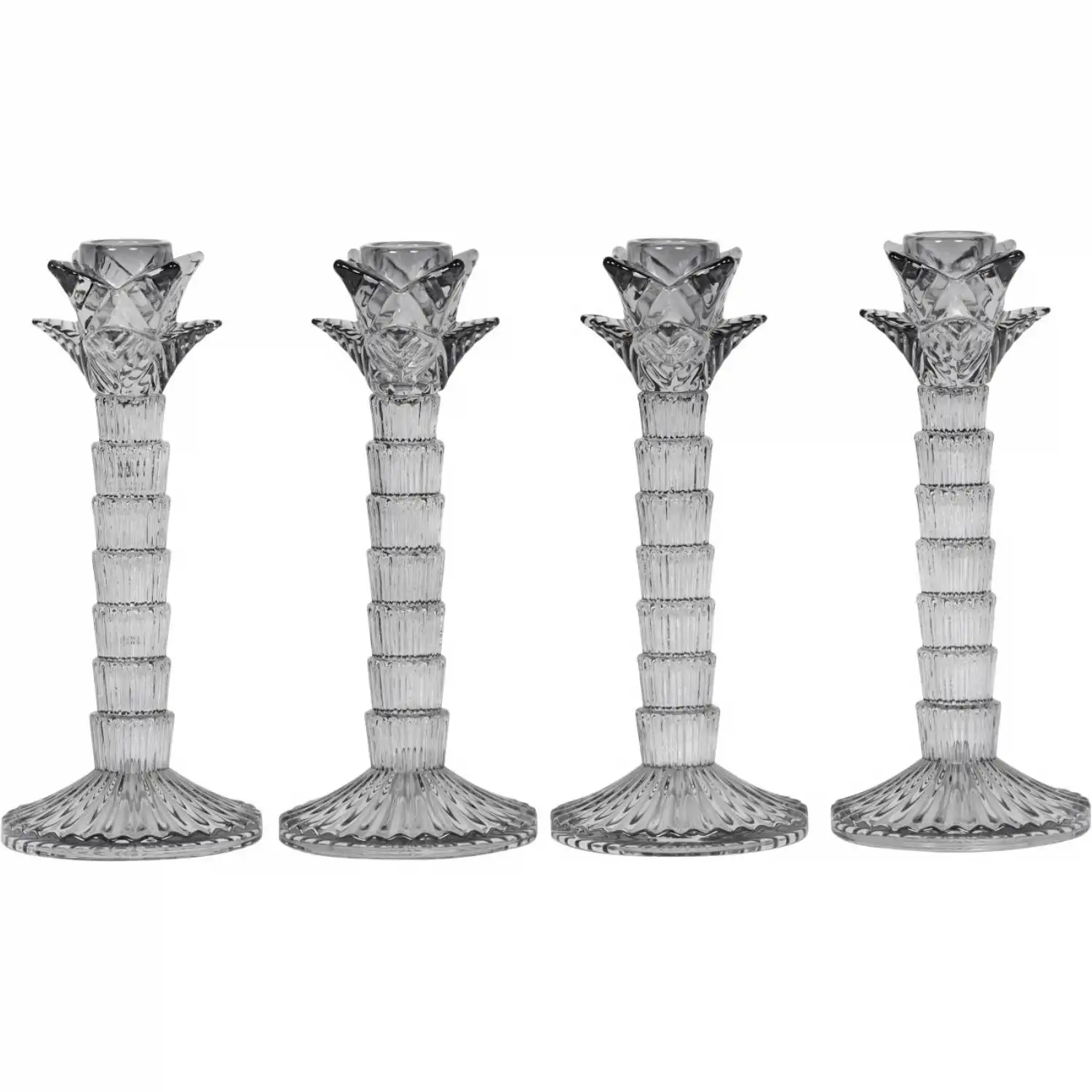 Set of 4 Grey Glass Palm Candlesticks