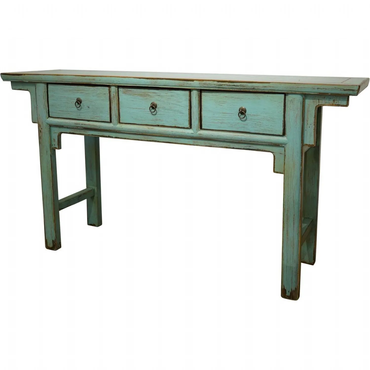 Large Green Painted Wooden Console Table with 3 Drawers