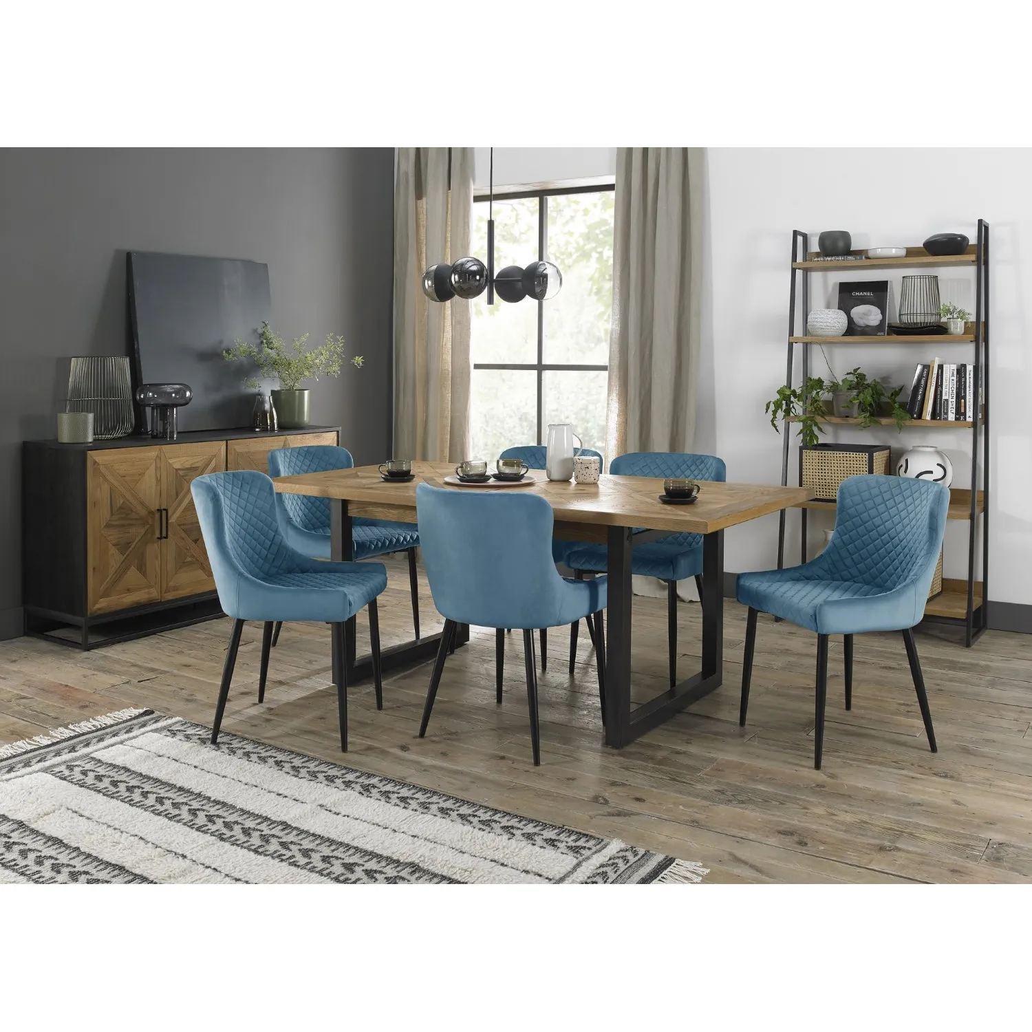 Rustic Oak Extending Dining Table Set 6 Blue Velvet Chairs