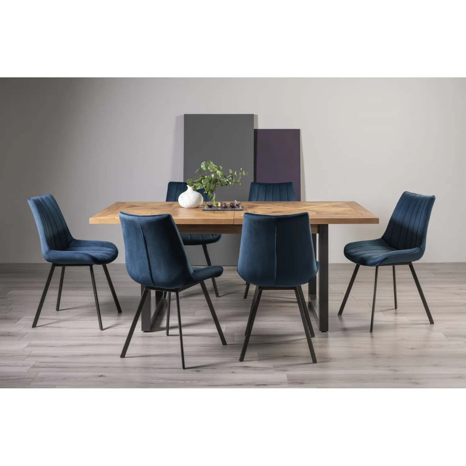 Rustic Oak Extending Dining Table Set 6 Blue Velvet Chairs