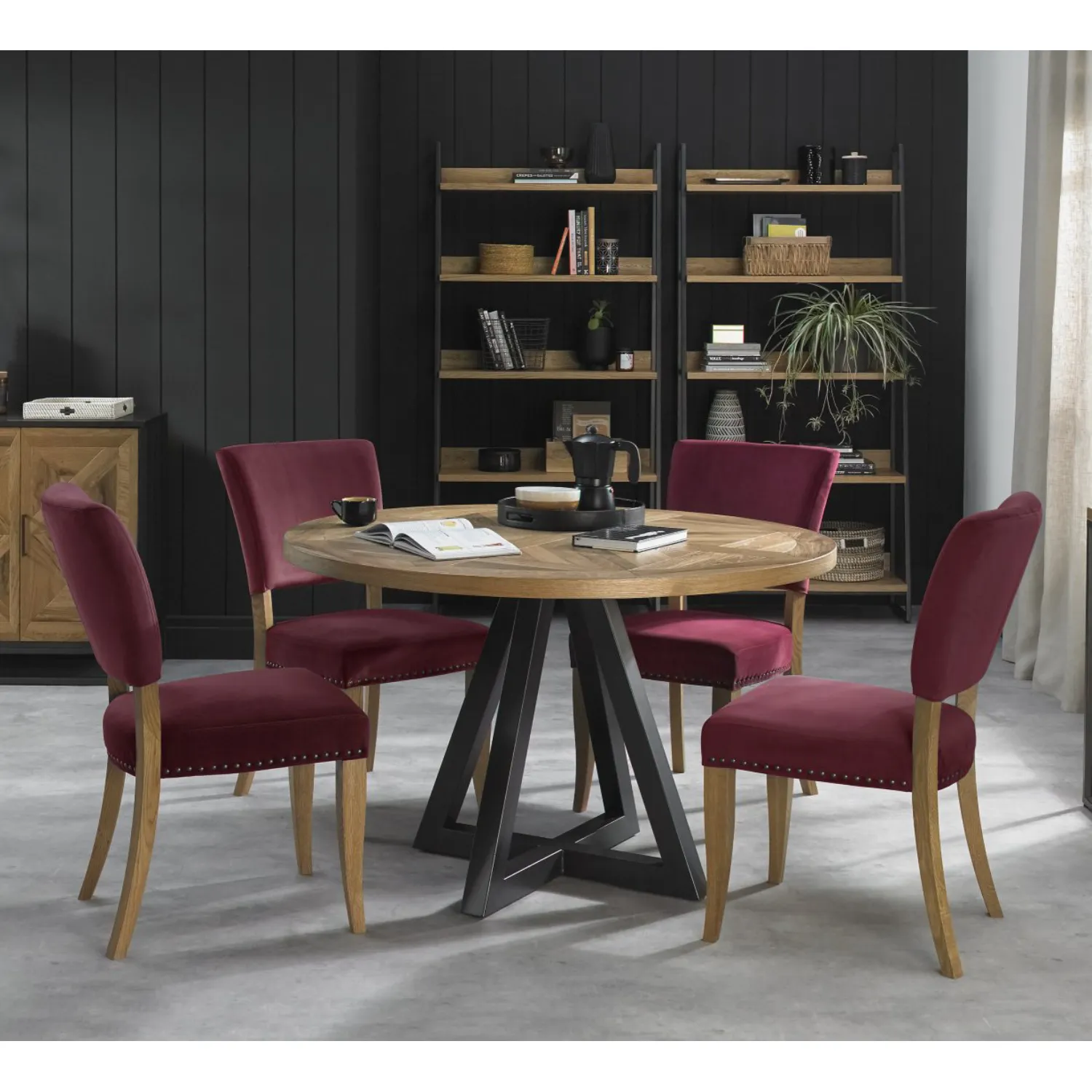 Rustic Oak Round Dining Table Set 4 Red Velvet Chairs