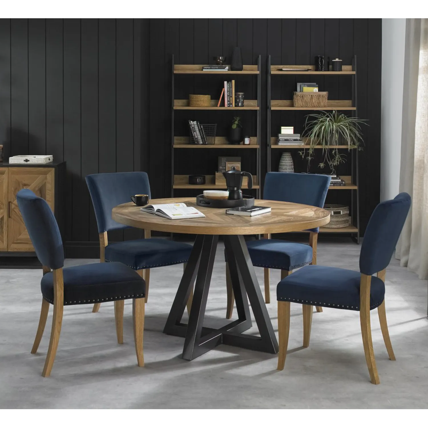 Rustic Oak Round Dining Table Set 4 Blue Velvet Chairs