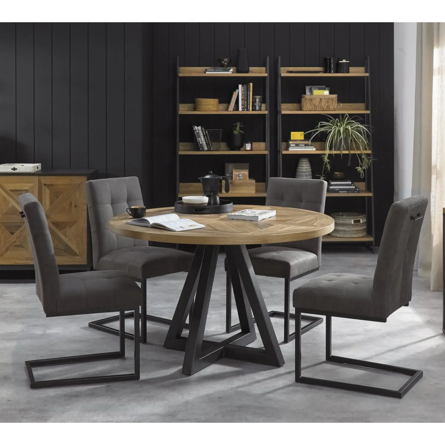 Rustic Oak Round Dining Table 4 Chairs in Dark Grey Fabric