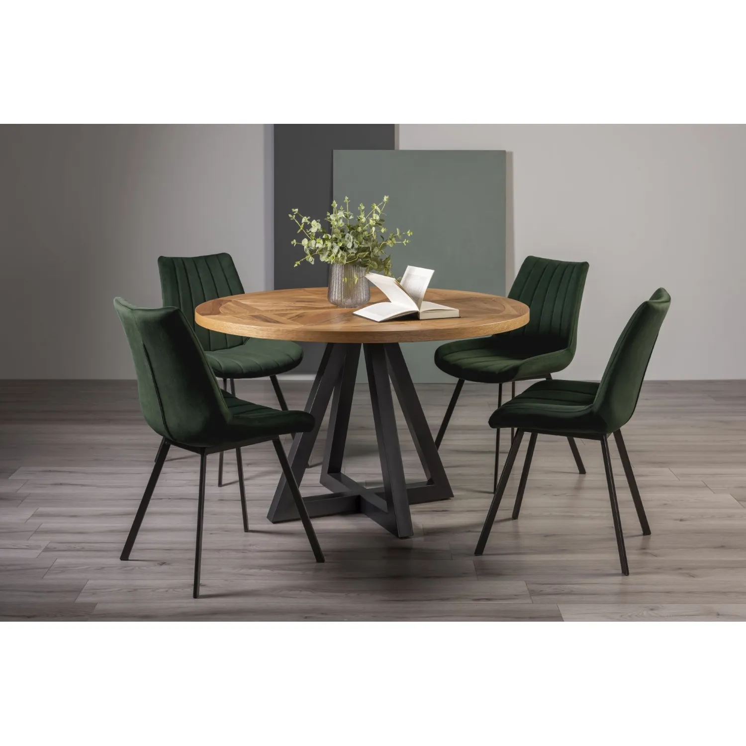 Rustic Oak Round Dining Set 4 Green Velvet Dining Chairs