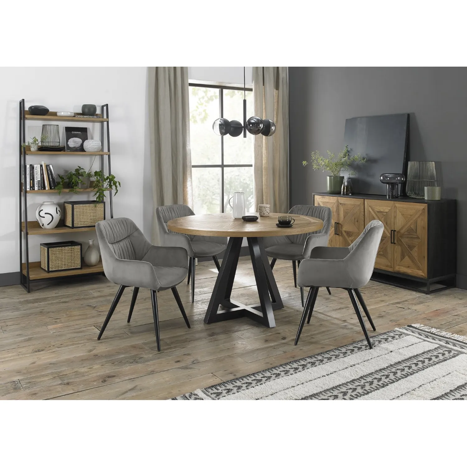 Rustic Oak Round Dining Table Set 4 Grey Tub Chairs