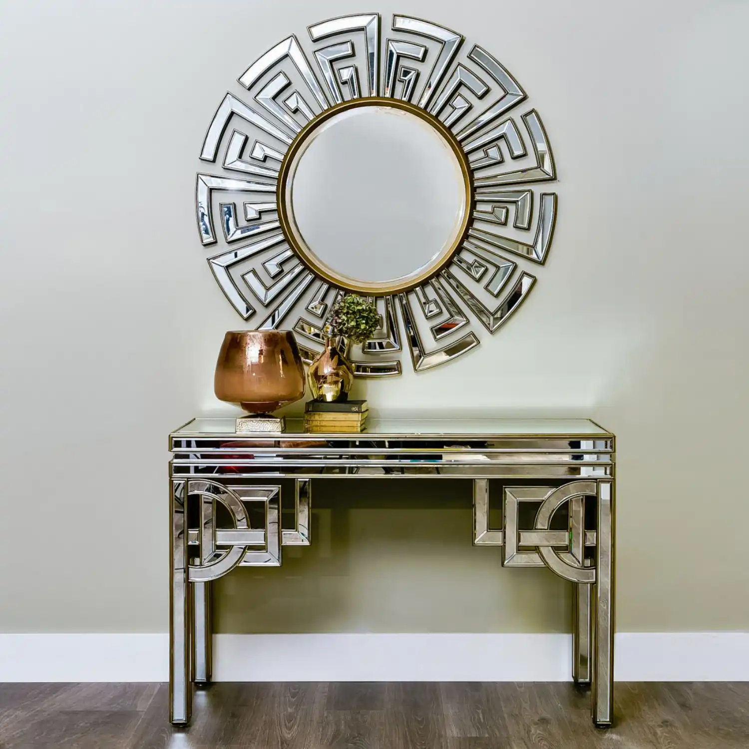 Art Deco Bronze Geometric Mirrored Glass Console Table