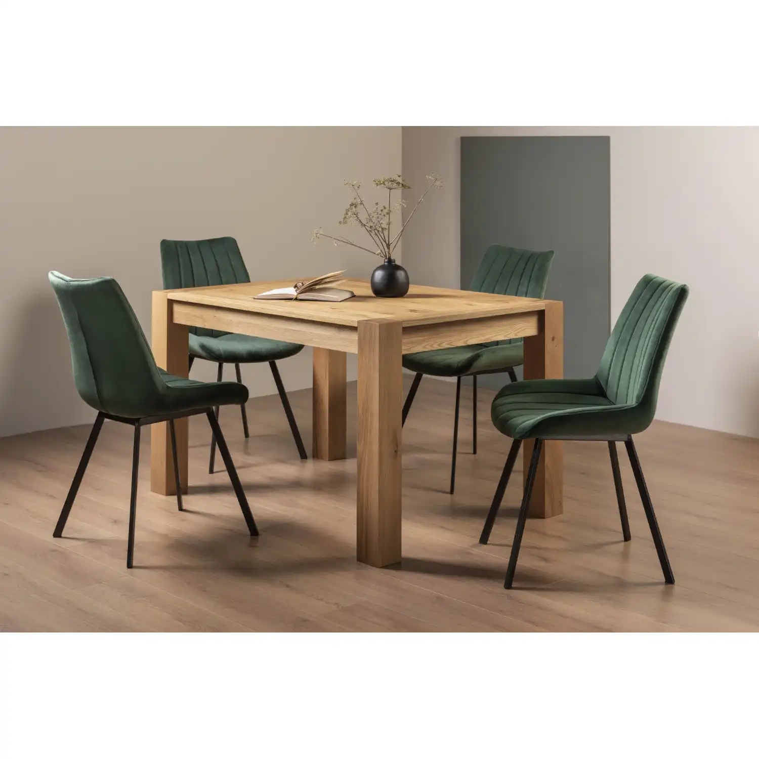 Light Oak Extending Dining Table Set 4 Green Velvet Chairs