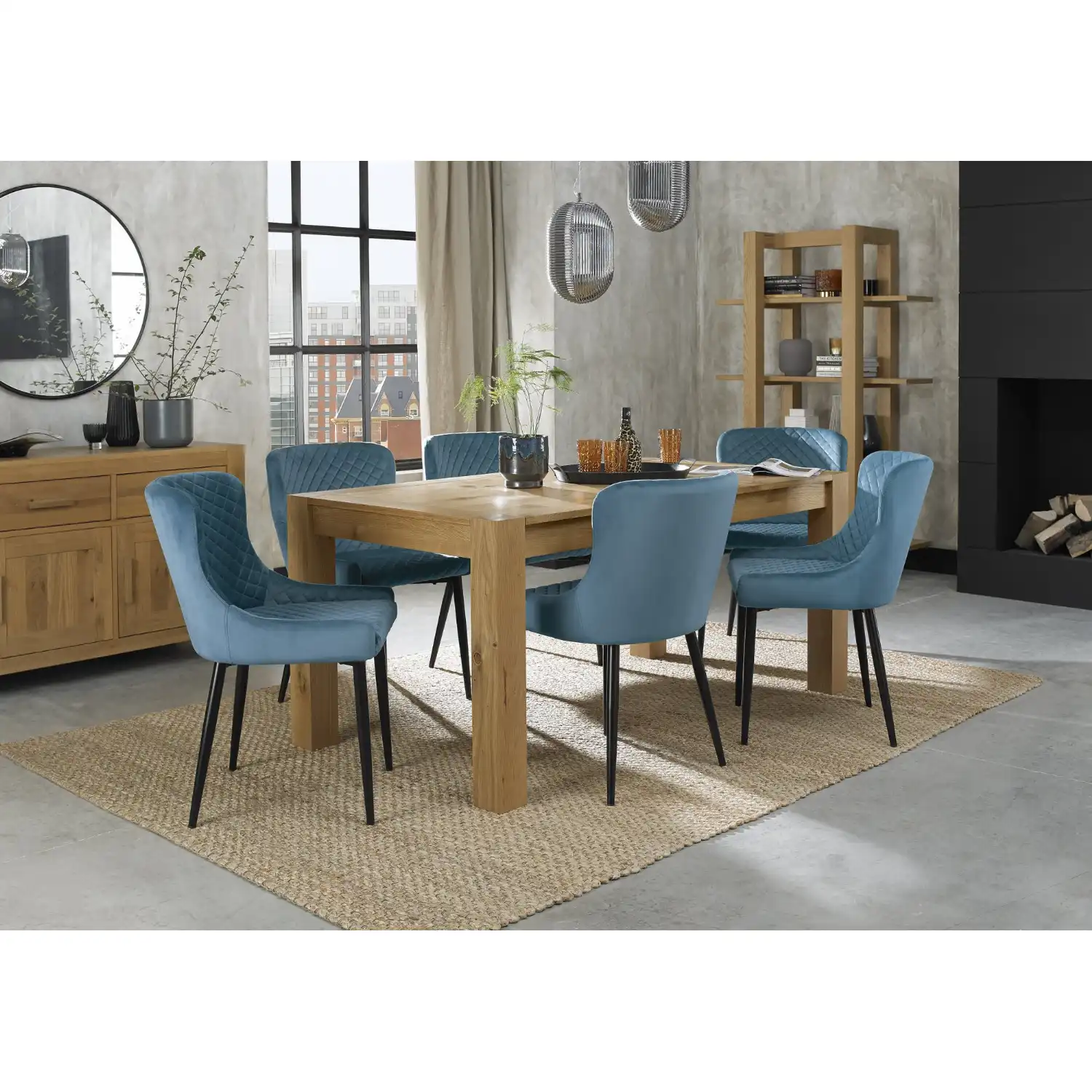 Light Oak 8 Seater Table And 6 Blue Velvet Chairs Dining Set