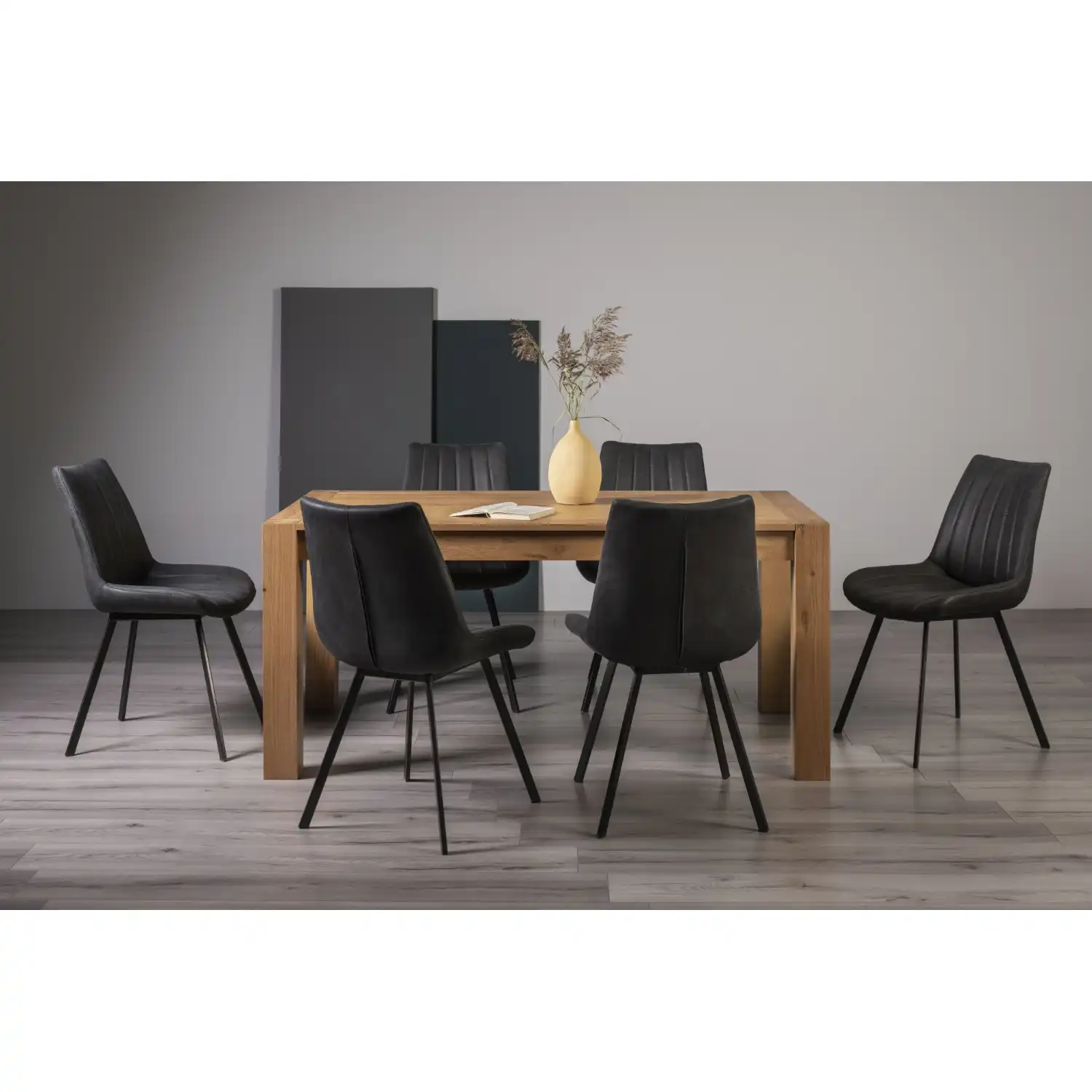 Light Oak Dining Table Set 6 Dark Grey Suede Chairs
