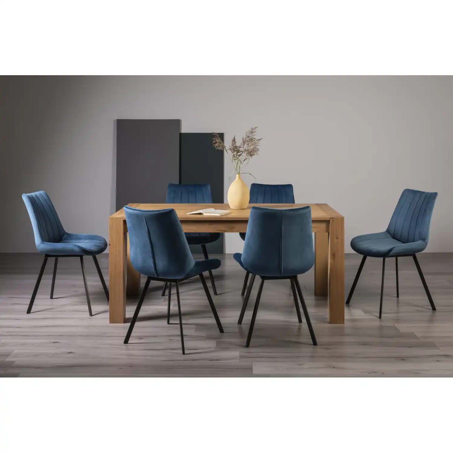 Light Oak Dining Table Set 6 Blue Velvet Chairs