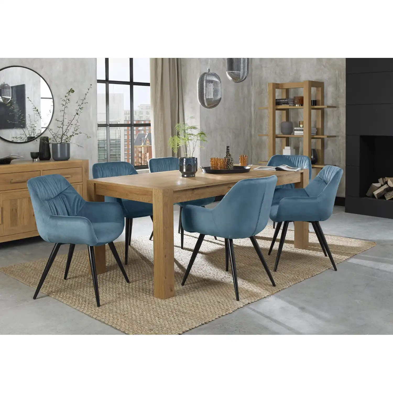 Oak Large Extending Dining Table Set 6 Blue Velvet Chairs