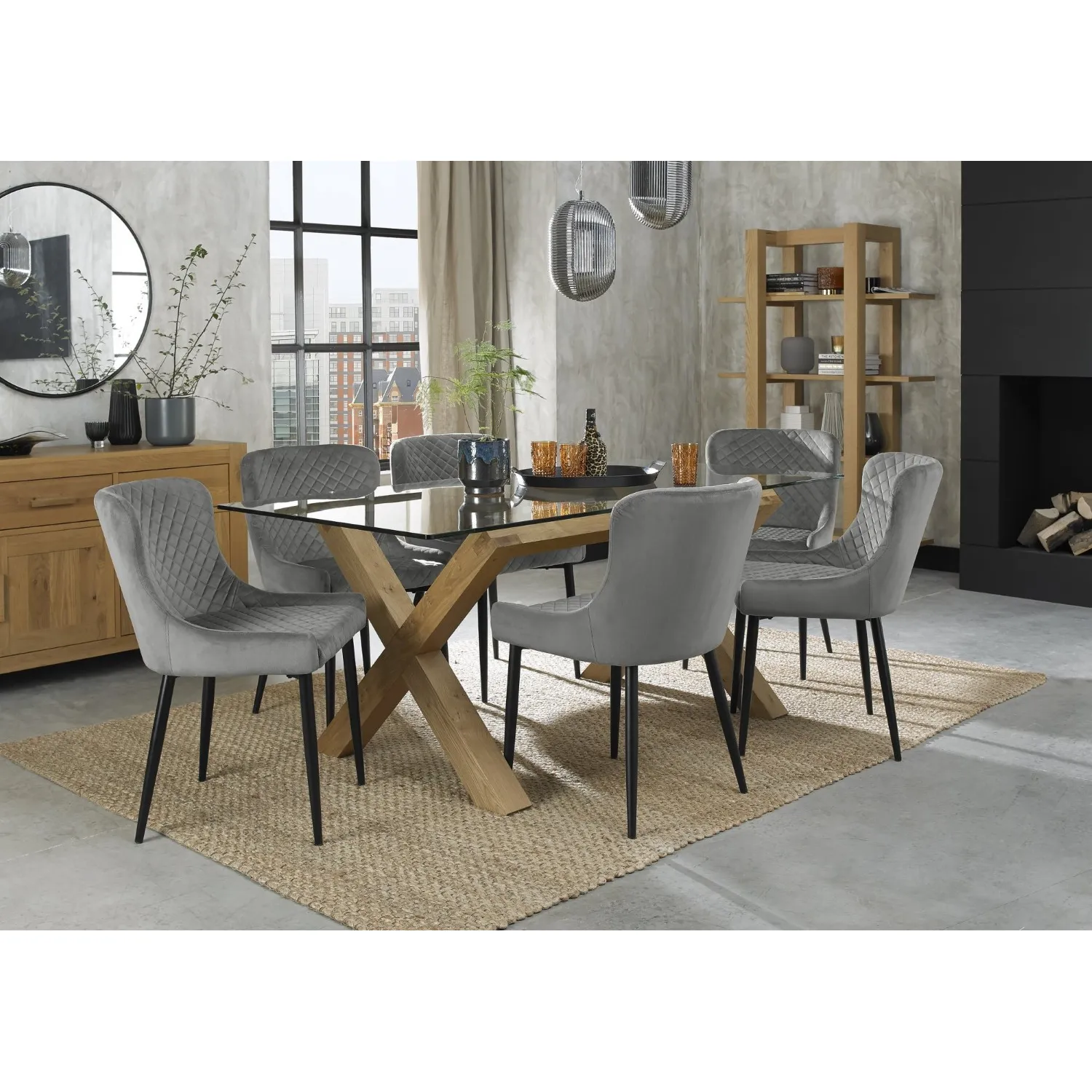 Clear Glass Dining Table Set 6 Grey Velvet Fabric Chairs