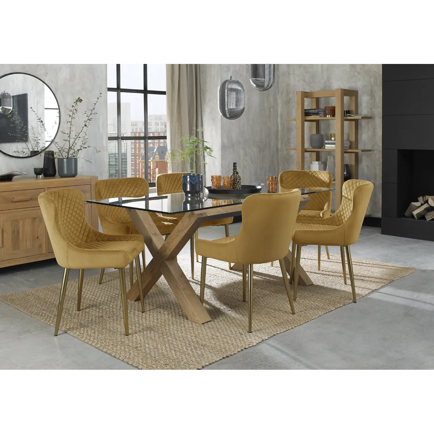 Glass Top 6 Yellow Velvet Chairs Dining Table Set