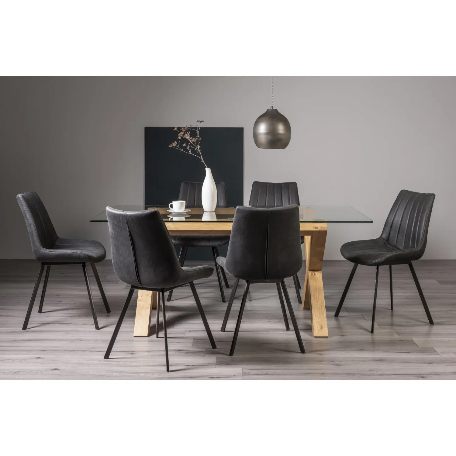 Glass Dining Set X Oak Legs 6 Dark Grey Suede Chairs