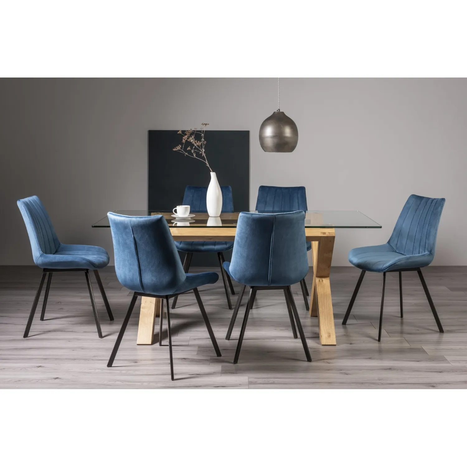Clear Glass Dining Table Set Oak Legs 6 Blue Velvet Chairs