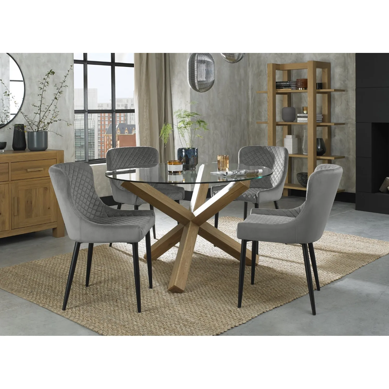 Oak Glass Round Dining Table Set 4 Grey Velvet Chairs