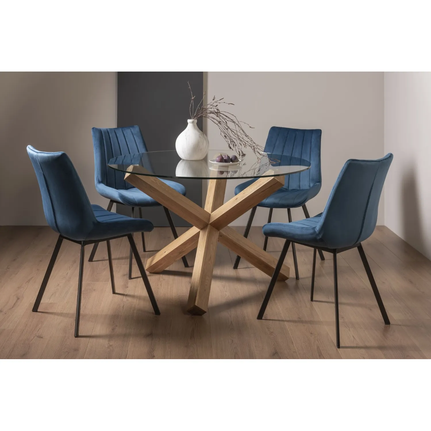 Clear Glass Small Round Dining Set 4 Blue Velvet Chairs