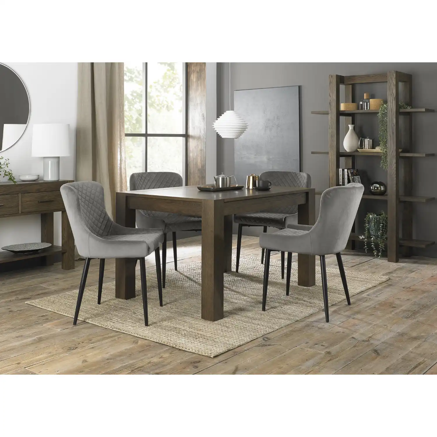 Dark Oak Extending Dining Table Set 4 Grey Velvet Chairs