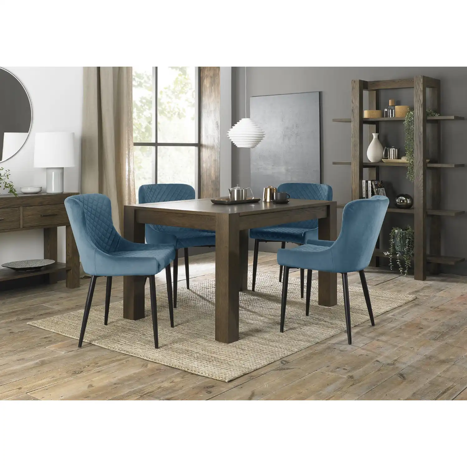 Dark Oak Extending Dining Set Table 4 Blue Velvet Chairs