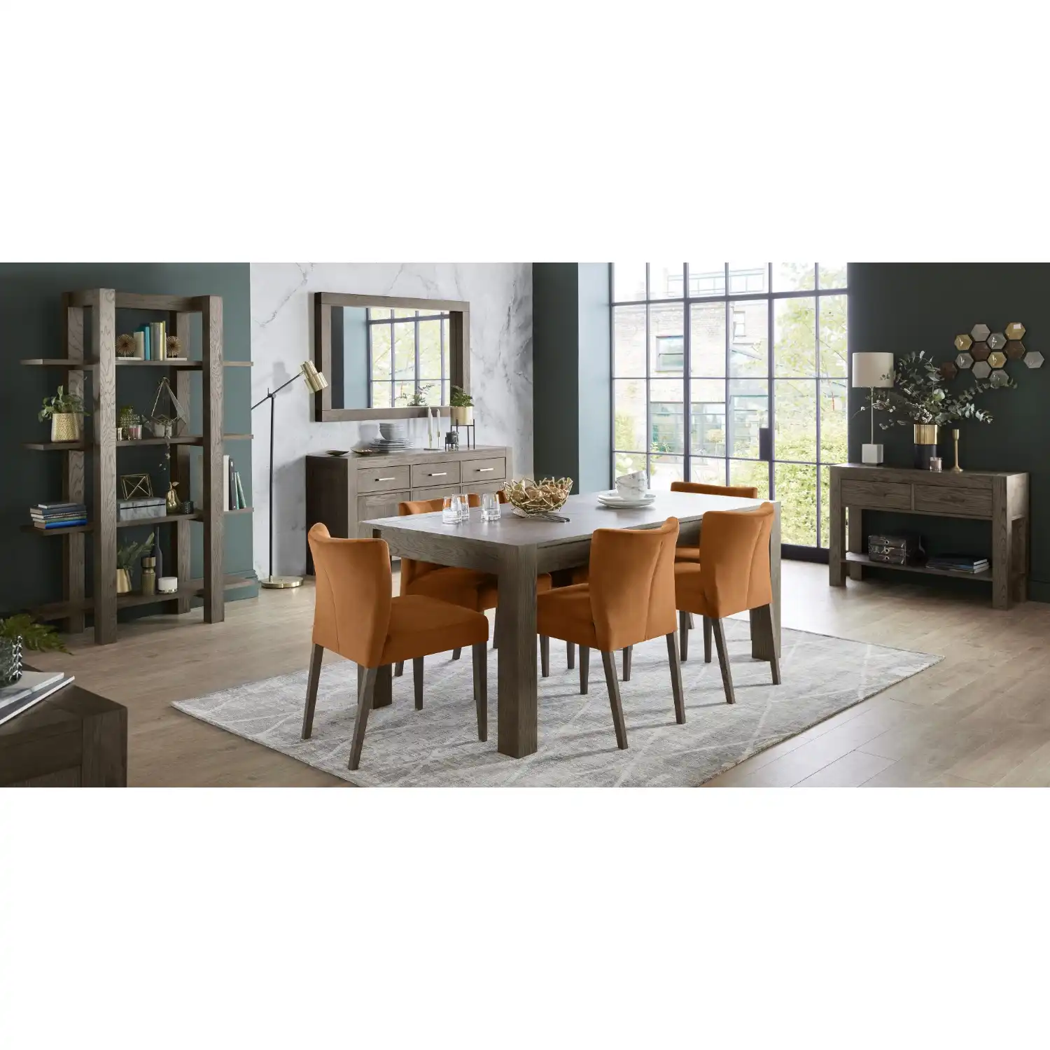 Dark Oak Dining Table Set 6 Low Orange Velvet Fabric Chairs