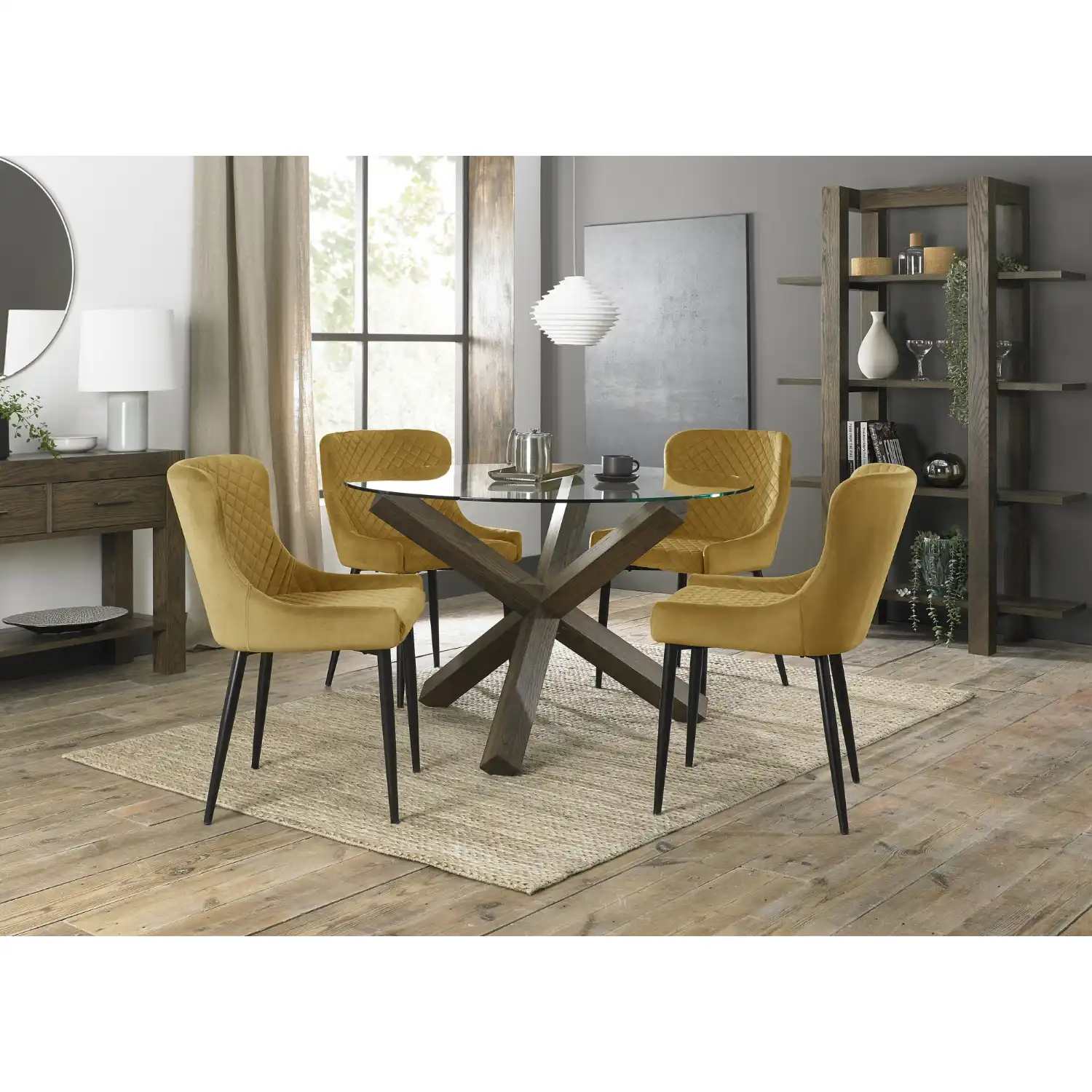 Dark Oak Glass Dining Table Set 4 Yellow Velvet Chairs