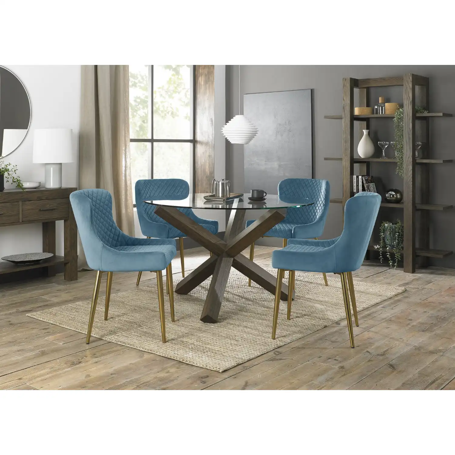 Glass Round Dining Set 4 Blue Velvet Fabric Chairs