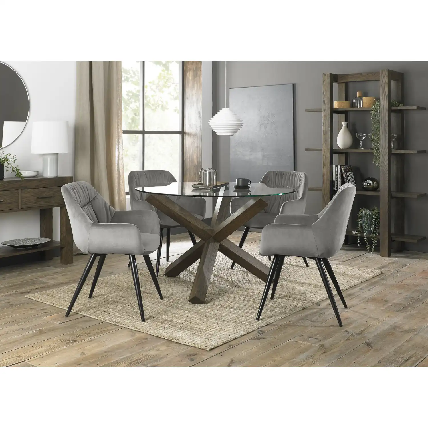 Light Oak Glass Round Dining Table Set 4 Grey Velvet Chairs