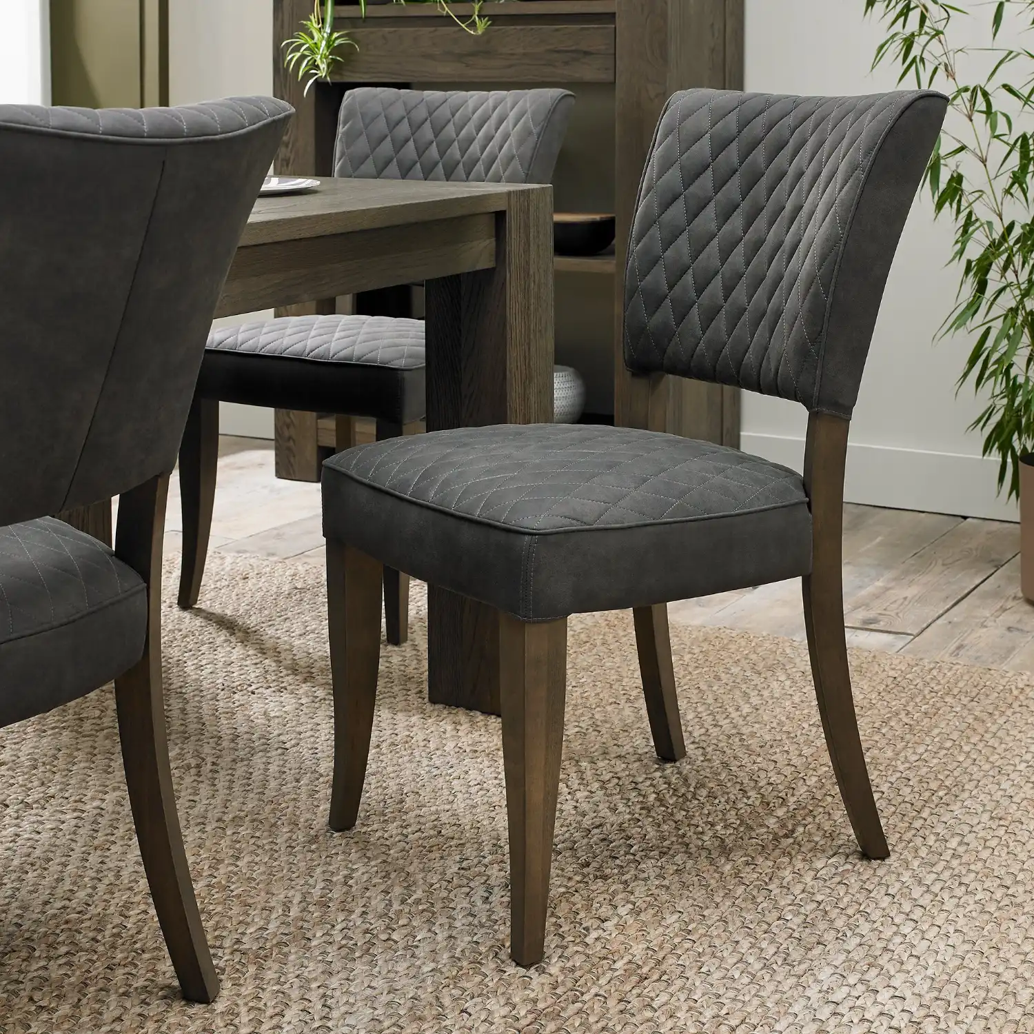 Dark Grey Oak Fabric Dining Chair Diamond Stitched