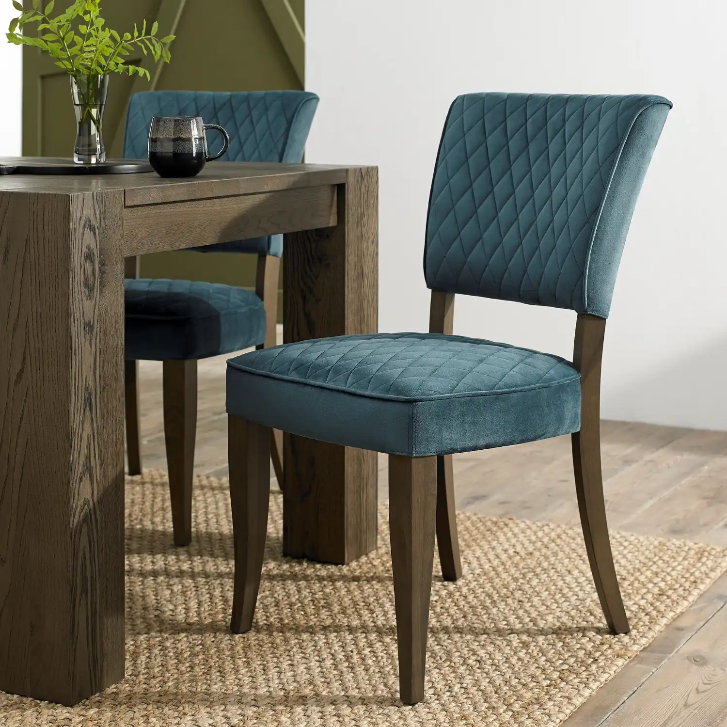 Dark Oak Blue Velvet Fabric Curved Design Dining Chair