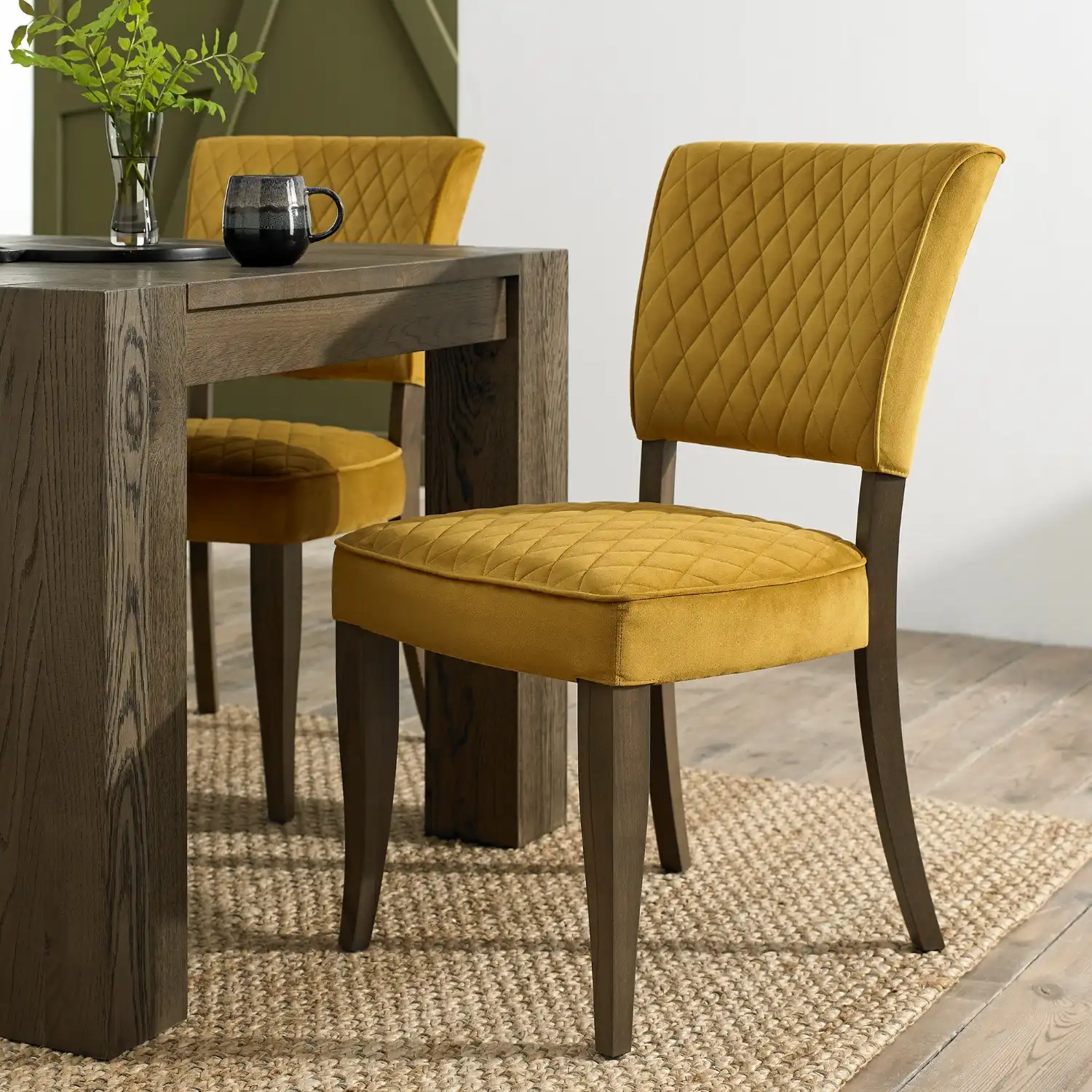 Dark Oak Mustard Yellow Velvet Fabric Curved Dining Chair