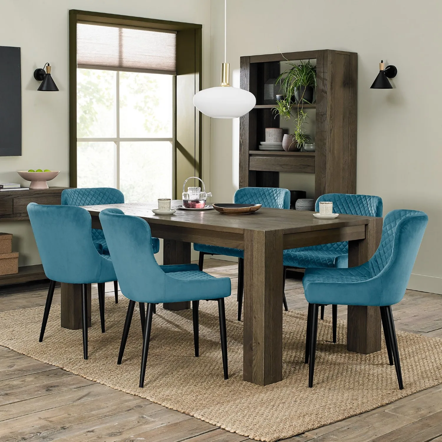 Dark Oak Extending Dining Table Set 6 Blue Velvet Chairs