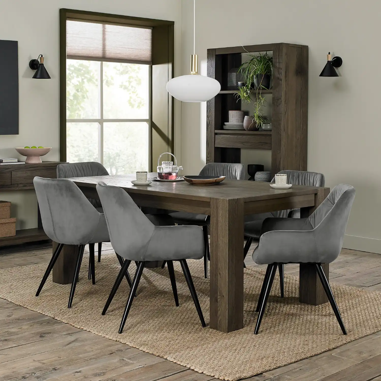 Fumed Oak 8 Seater Dining Table Set 6 Grey Velvet Chairs