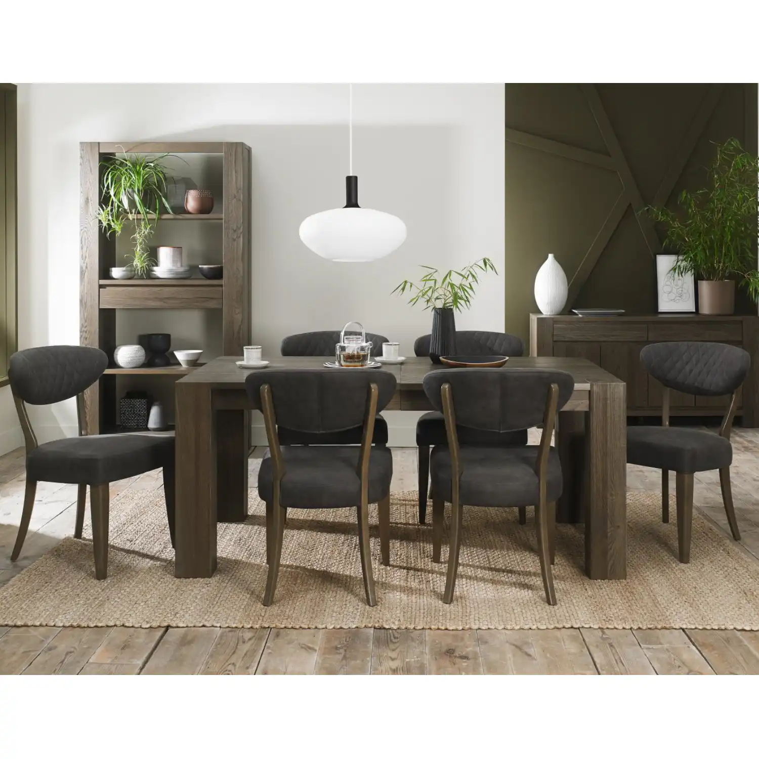 Oak Extending Dining Table Set 6 Dark Grey Fabric Chairs