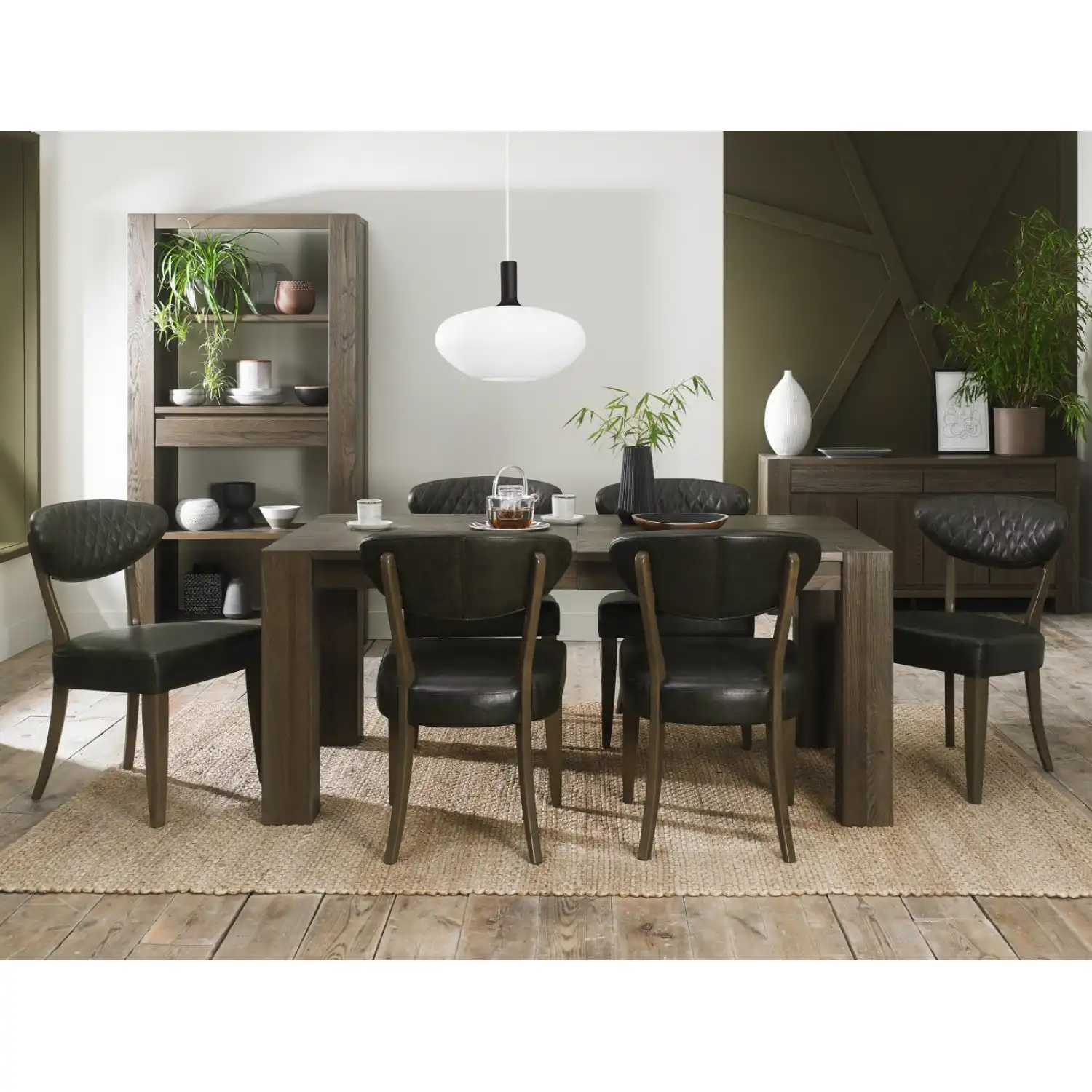 Oak Extending Dining Table Set 6 Dark Grey Leather Chairs