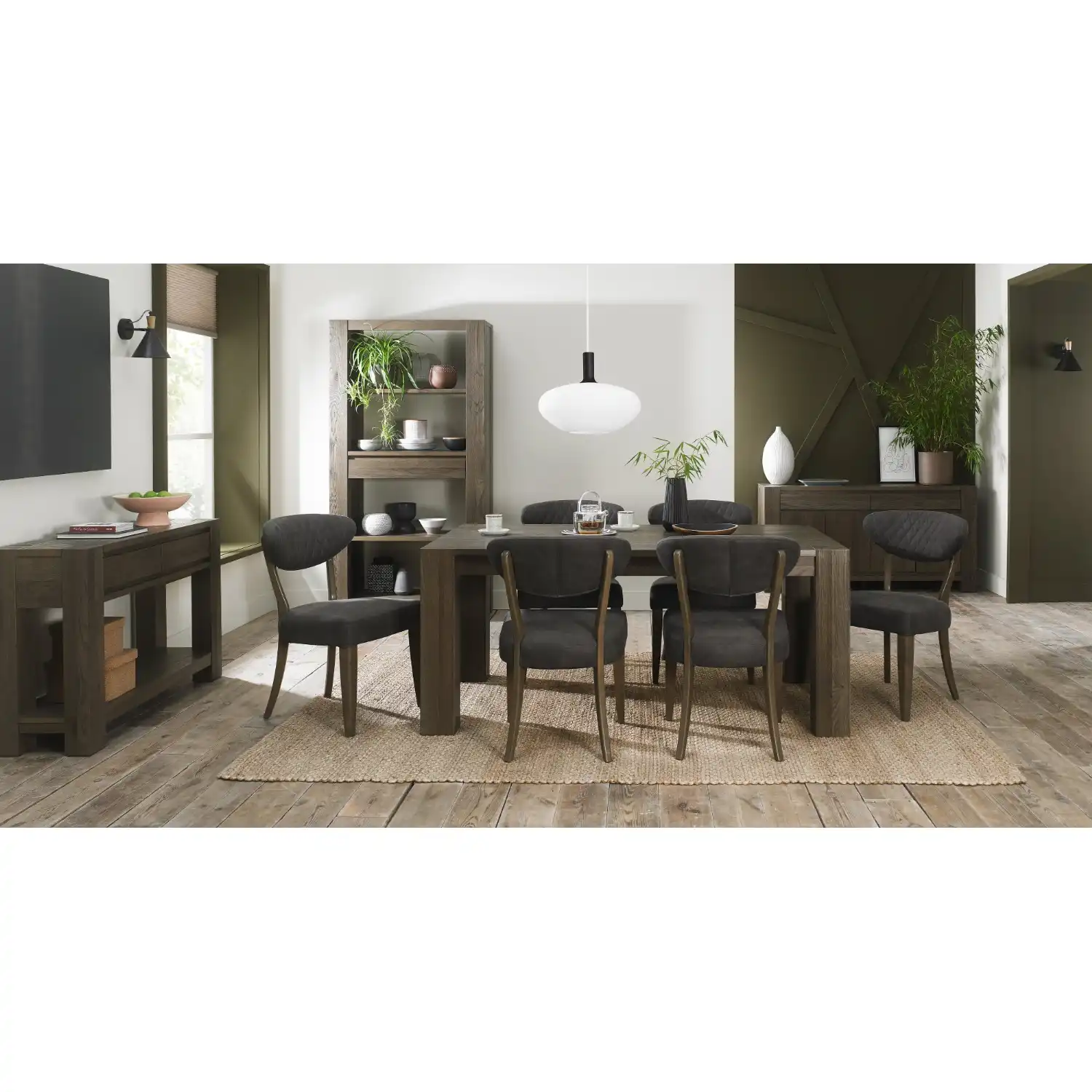 Fumed Oak 180cm Large Dining Table Set 6 Grey Fabric Chairs