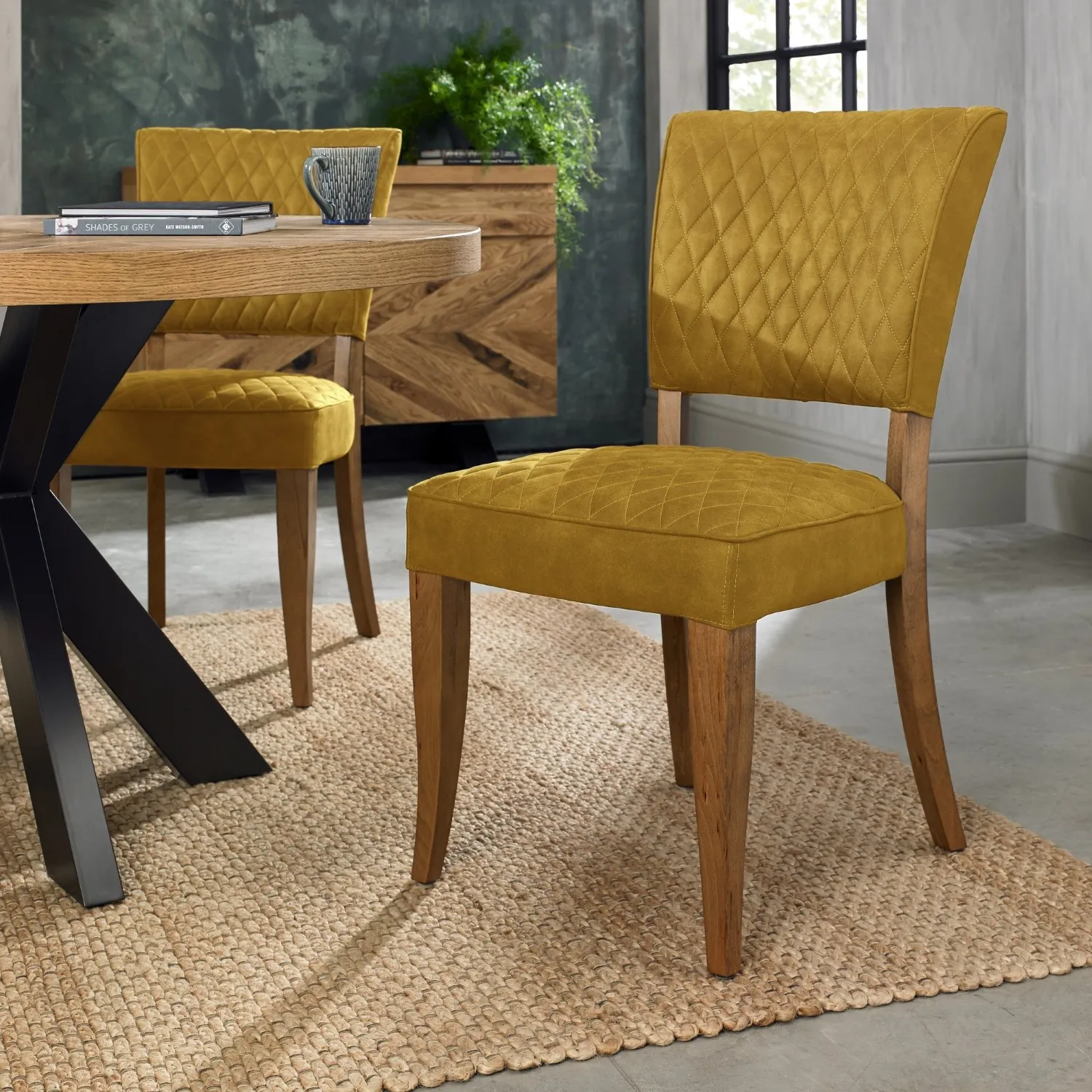 Yellow Velvet Fabric Dining Chair Rustic Oak Legs