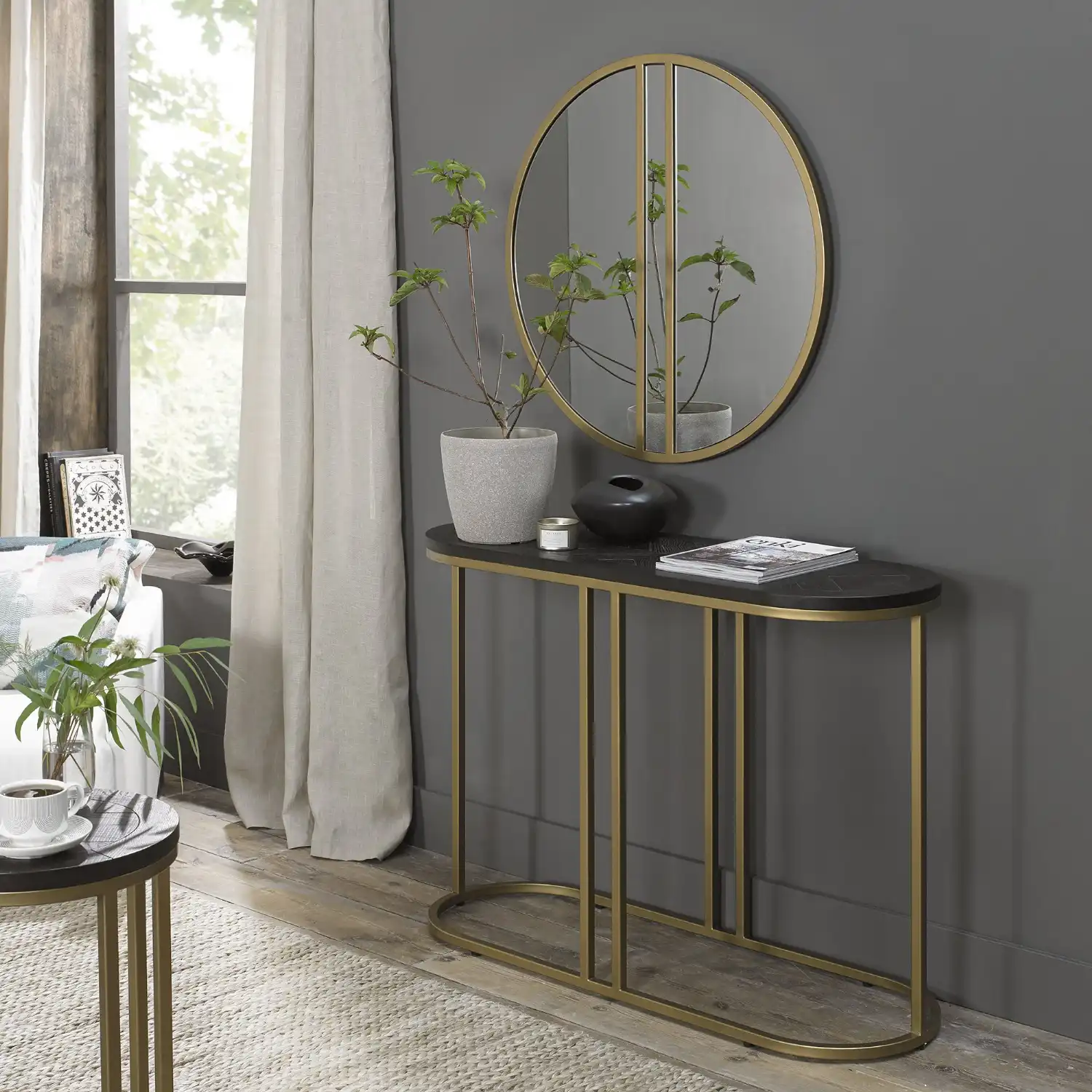 Peppercorn Ash Top Console Table Brass Metal Frame