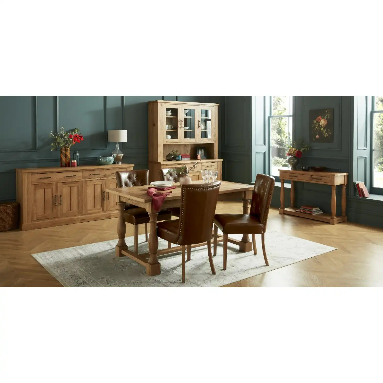 Rustic Oak Extending Dining Table Set 4 Tan Leather Chairs