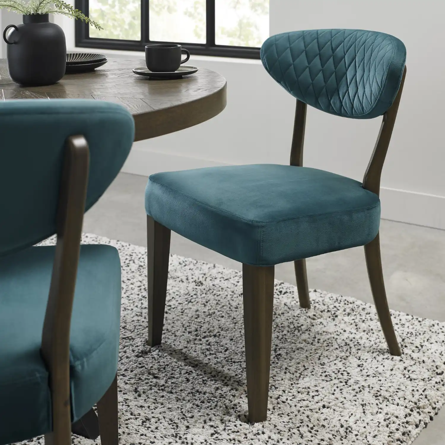 Dark Oak Blue Velvet Fabric Diamond Stitched Dining Chair