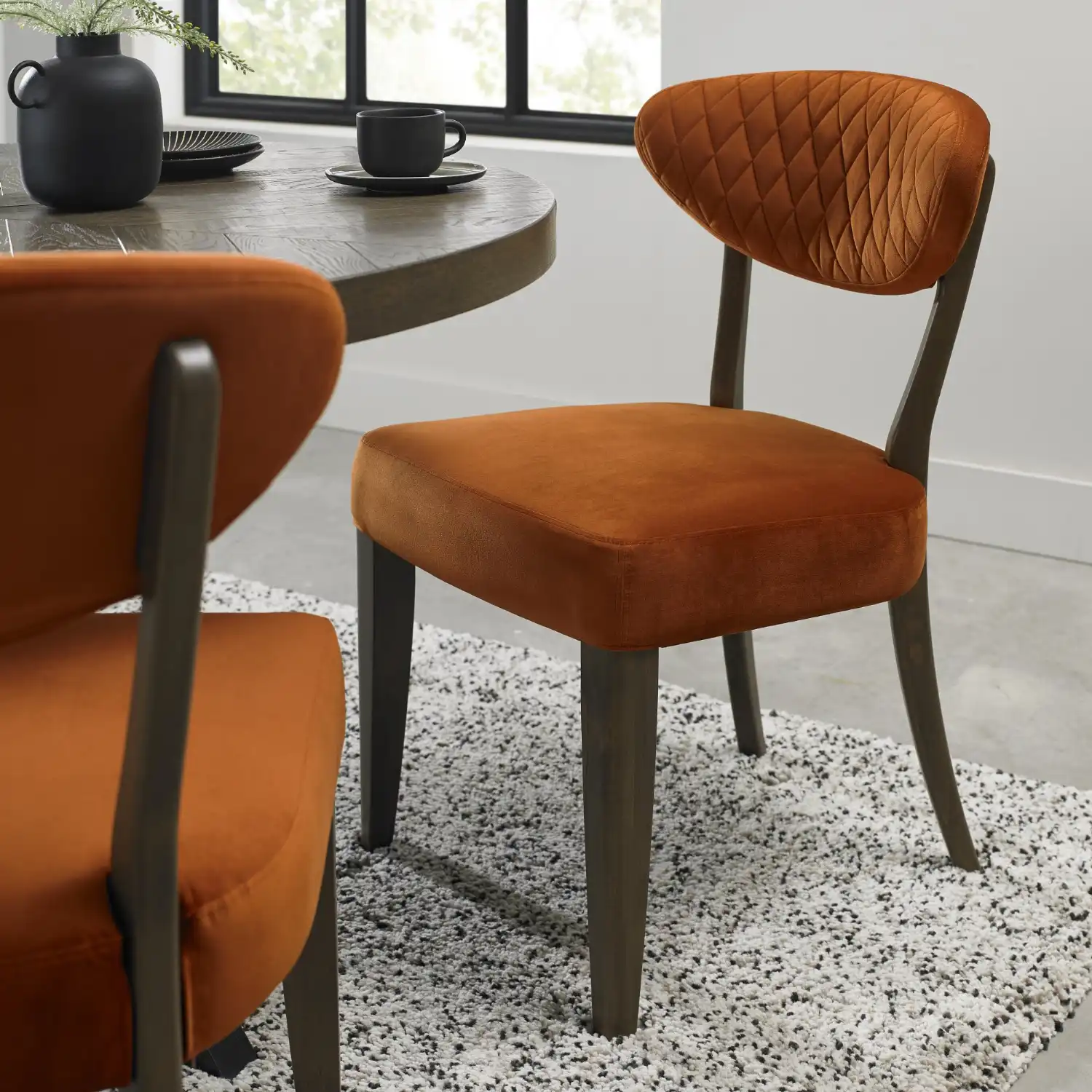 Dark Oak Orange Velvet Fabric Dining Chair Diamond Stitched