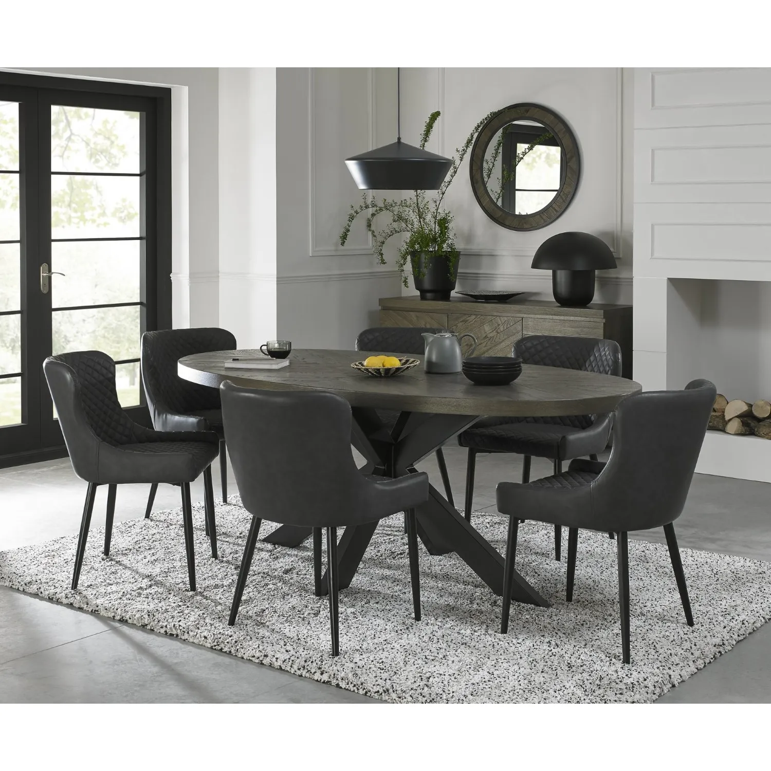 Dark Oak Oval Dining Table Set 6 Dark Grey Leather Chairs