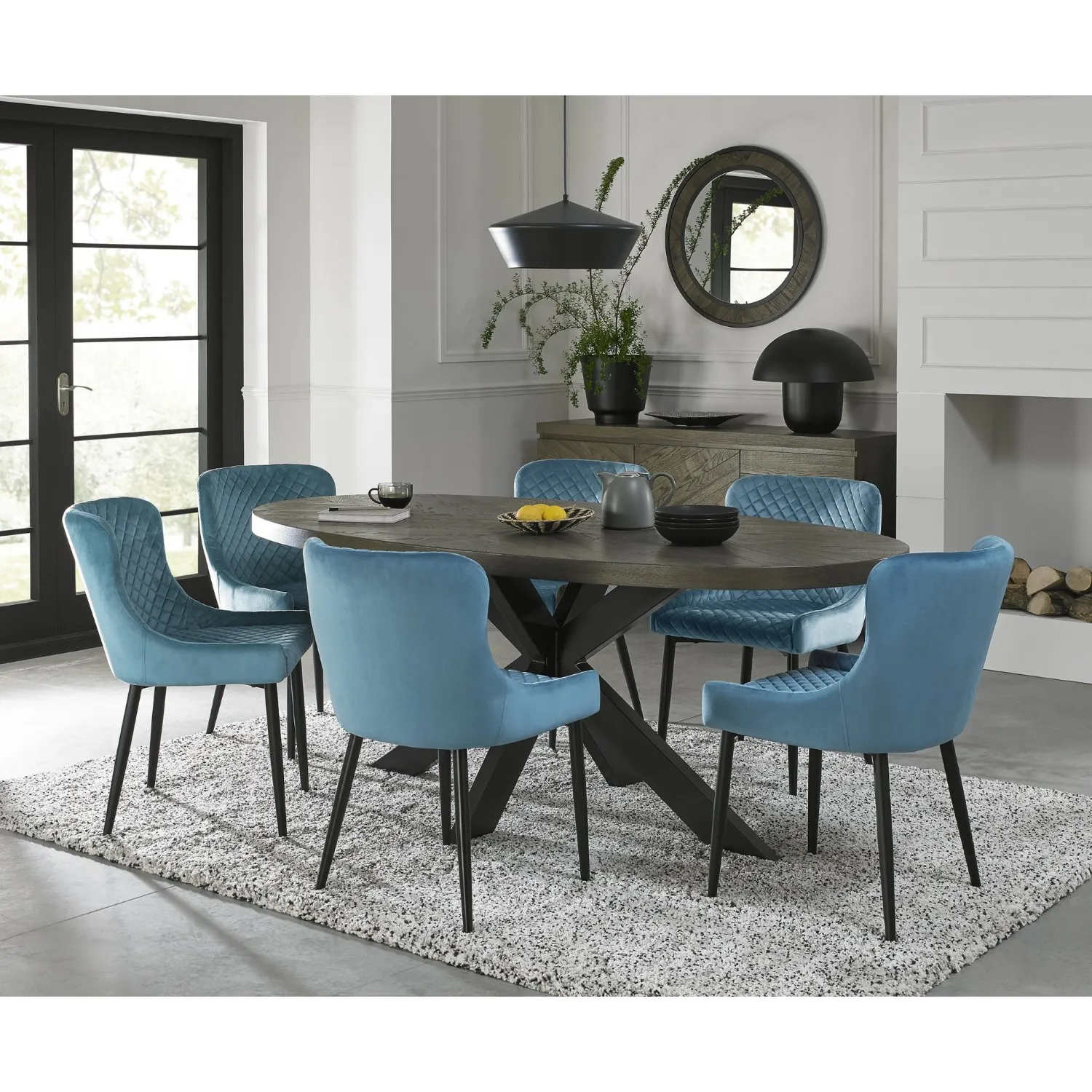 Dark Oak Oval Dining Table Set 6 Blue Velvet Fabric Chairs