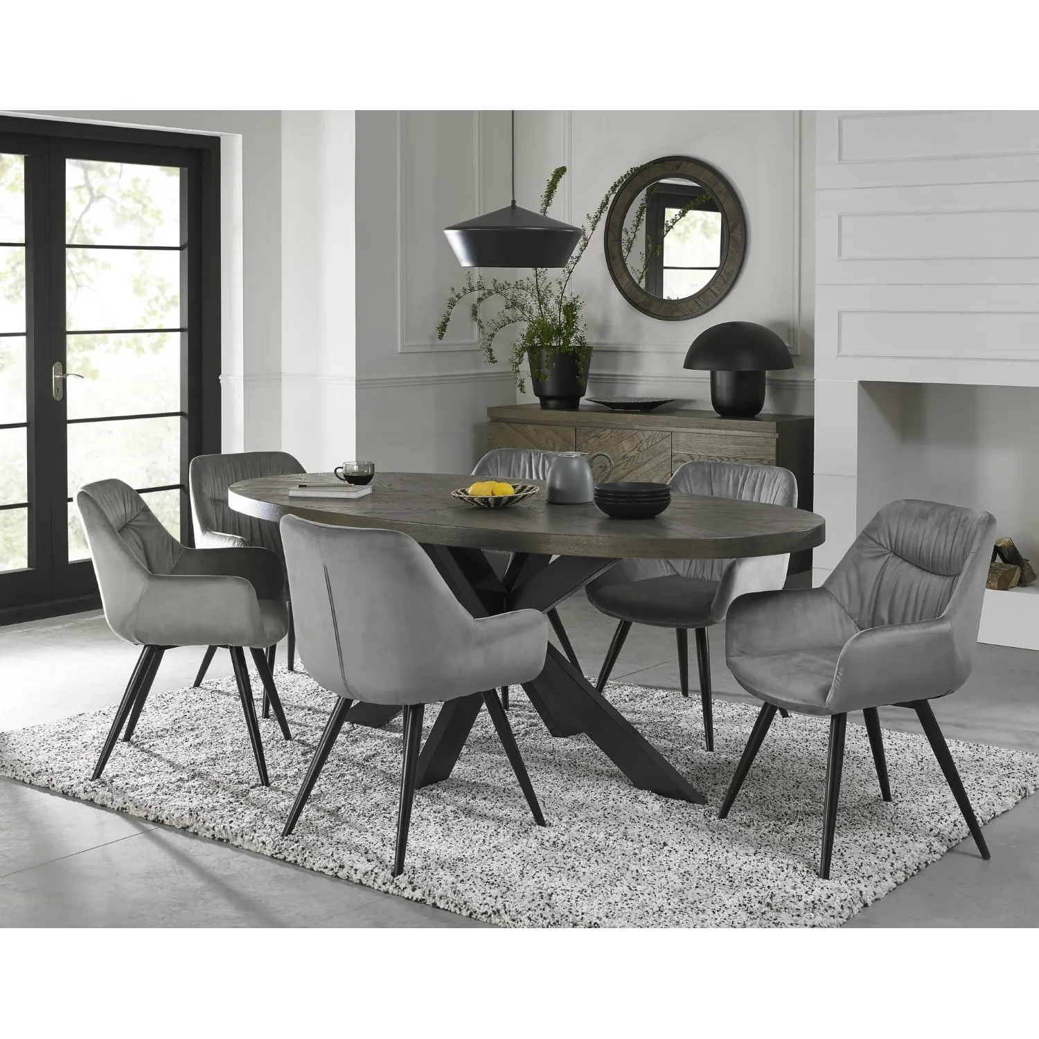 Dark Oak Large Oval Dining Set 6 Grey Velvet Chairs