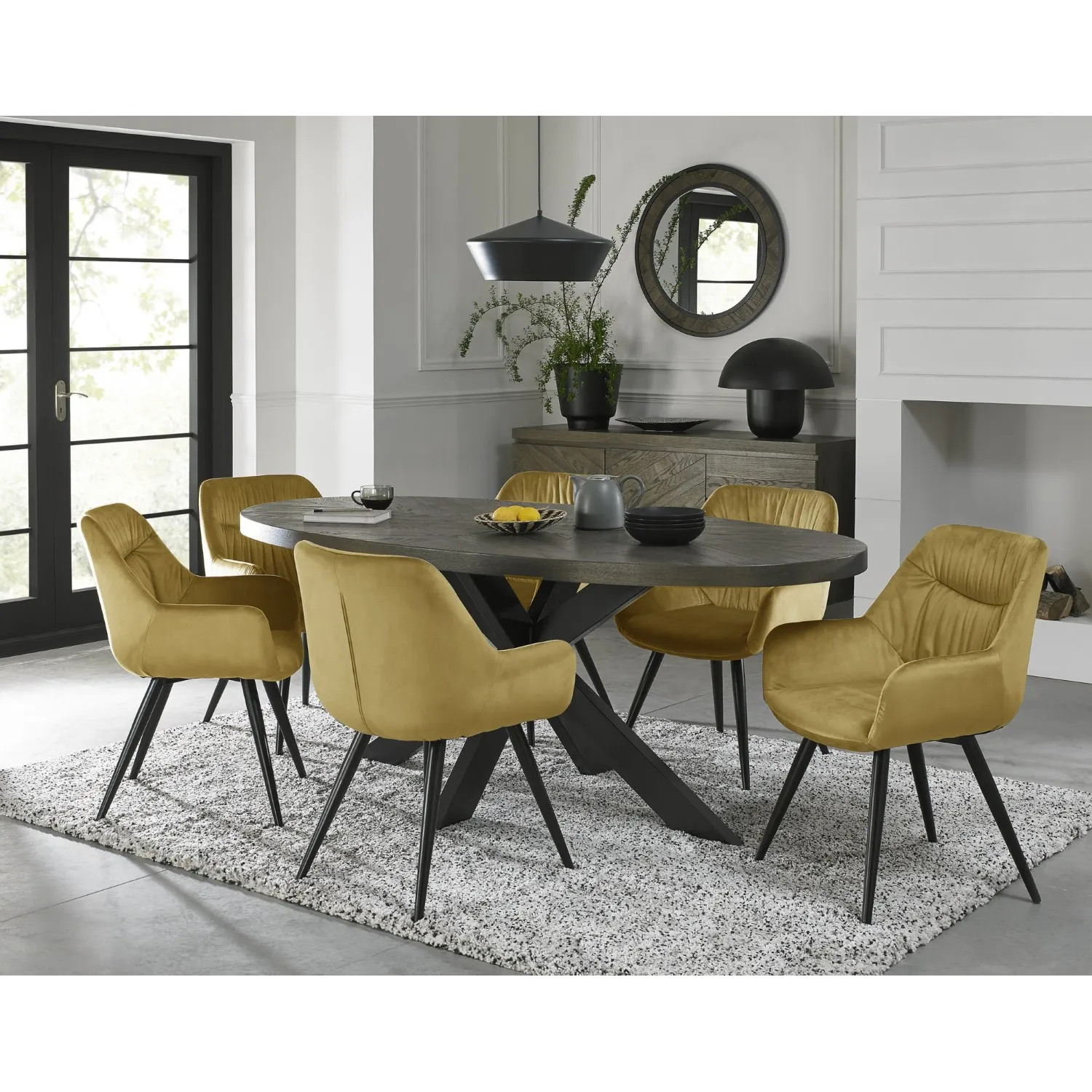 Dark Oak Large Oval Dining Table Set 6 Yellow Velvet Chairs